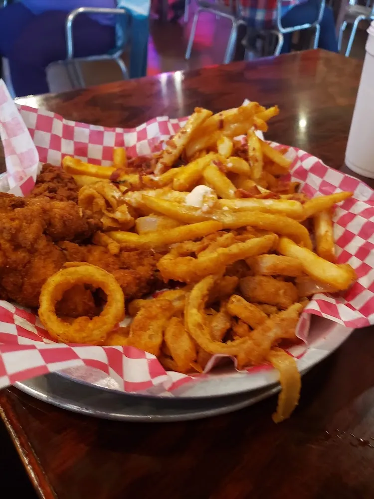 Chicken Fingers with Loaded Fries nd Curly Fries
