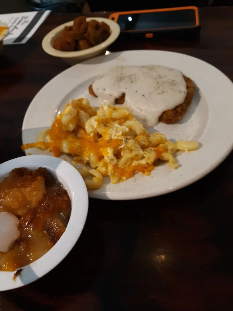 Country Fried Steak Mac and Cheese Peach Cobbler